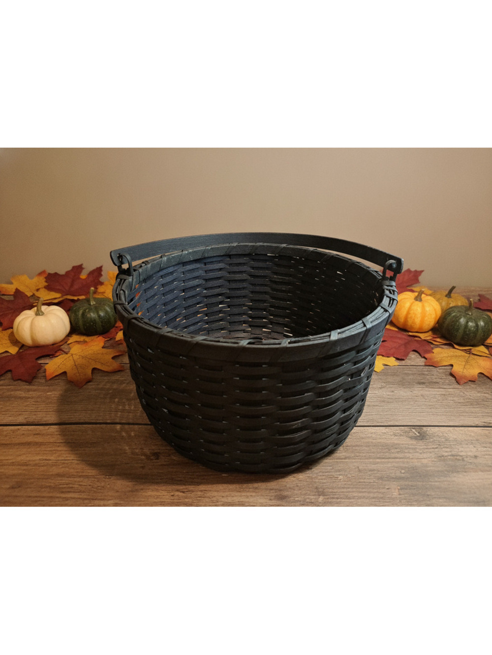 Vintage Primitive Rustic Country Black Splint Market Basket w Handle 13.75"